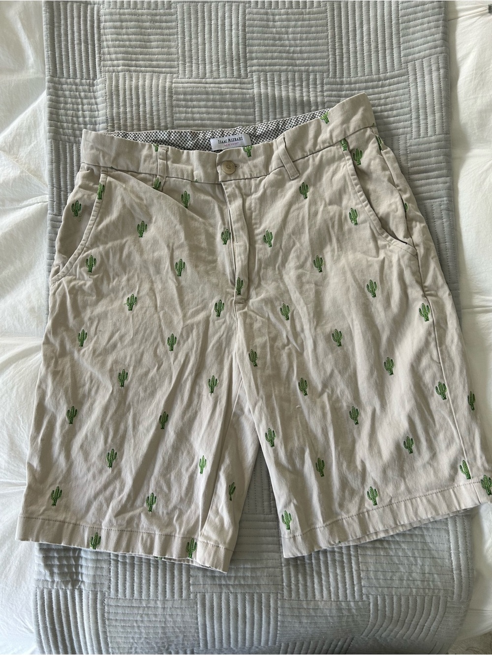 Isaac Mizrahi Men’s Beige Shorts with Green Cactus Pattern